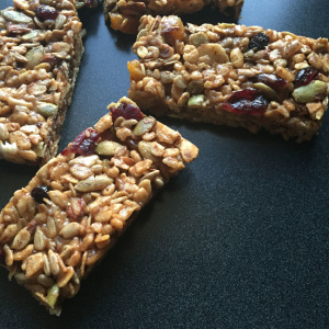 Sara's Granola Bars from Food52 - basically fancy rice krispie treats glued together with almond butter and honey