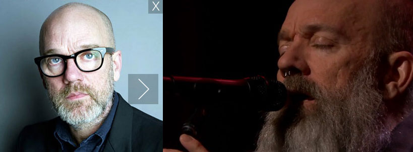 On the left, Stipe's photo on the website for the Bowie tribute, on the right what he looked like singing at it