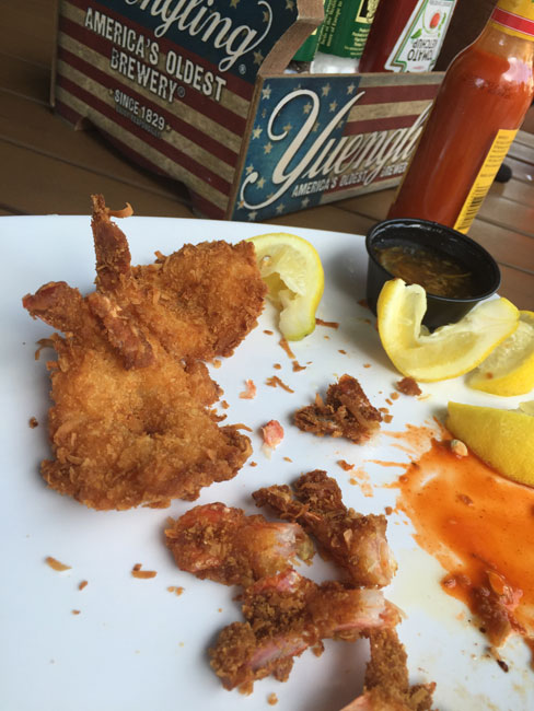 Coconut shrimp with lemon & Cholula - dinner at the beach, the fried fish I'd been craving all day