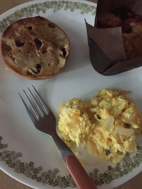 Fathers Day brunch: scrambled eggs with cheese & jalapenos, half of one of those bagels I walked over to buy, strawberry muffins, made with my Better Than Stellas Recipe with strawberry rhubarb filling subbed in for cherry